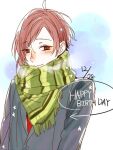  1boy arms_at_sides blush brown_eyes brown_hair closed_mouth commentary_request dated green_scarf hagiwara_daisuke happy_birthday hori-san_to_miyamura-kun long_sleeves male_focus nose_blush scarf short_hair smile solo split_mouth upper_body yanagi_akane 