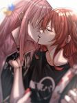  2girls black_shirt blush bocchi_the_rock! closed_eyes collarbone ear_blush gotou_hitori hair_between_eyes highres jacket kessoku_band_logo kiss kita_ikuyo long_hair multiple_girls one_side_up open_clothes open_jacket pink_hair pink_jacket redhead rk_g1x shirt shirt_tug sidelocks simple_background sweat upper_body white_background yuri 