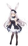  1girl absurdres animal_ears azur_lane black_footwear black_gloves black_hairband blue_flower blue_ribbon blue_rose center_frills dress flantia flower frilled_hairband frills full_body gloves grey_hair hairband highres layered_dress long_hair neck_ribbon rabbit_ears ribbon rose shimakaze_(azur_lane) shimakaze_(the_white_rabbit_of_wonderland)_(azur_lane) short_eyebrows sleeveless sleeveless_dress solo thigh-highs two-tone_dress yellow_eyes 