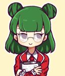  1girl black_eyes c: clipboard closed_mouth collared_shirt commentary_request double_bun e.g.o_(project_moon) employee_(lobotomy_corporation) frilled_sleeves frills glasses green_hair hair_bun hatake_shimeji holding holding_clipboard jacket lobotomy_corporation long_sleeves looking_to_the_side necktie no_nose outline project_moon red_jacket red_necktie round_eyewear shirt simple_background smile solo upper_body white_outline white_shirt yellow_background 