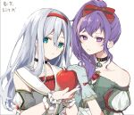  2girls apple asahina_mafuyu bare_shoulders black_choker blue_eyes bow choker commentary_request detached_sleeves food fruit gloves hair_between_eyes hair_over_shoulder hairband holding holding_food holding_fruit koro_momomo long_hair looking_at_viewer multiple_girls parted_lips ponytail project_sekai purple_hair red_bow simple_background upper_body violet_eyes white_background yoisaki_kanade 
