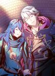  1boy 1girl ameno_(a_meno0) belt blue_hair cape closed_eyes coat fire_emblem fire_emblem_awakening flat_chest grey_hair long_hair long_sleeves lucina_(fire_emblem) robin_(fire_emblem) robin_(male)_(fire_emblem) shirt short_hair sleeping smile sunlight tiara 