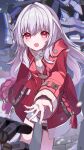  1boy 1girl absurdres clara_(honkai:_star_rail) coat esu_3101 grey_hair hair_between_eyes highres honkai:_star_rail honkai_(series) jacket loli long_hair long_sleeves looking_at_viewer open_mouth red_coat red_eyes red_jacket robot sidelocks skirt svarog_(honkai:_star_rail) thigh_strap white_hair 