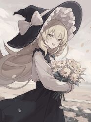  1girl black_headwear black_skirt blonde_hair bouquet bow braid cowboy_shot hat hat_bow highres holding holding_bouquet kirisame_marisa long_hair long_sleeves looking_at_viewer muted_color open_mouth outdoors rcs_4 shirt single_braid skirt solo touhou very_long_hair white_bow white_shirt witch_hat yellow_eyes 