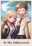  1boy 1girl :d ahoge beach black_jacket black_pants black_shirt blue_sky blush breast_pocket brown_hair closed_eyes clouds collared_shirt danganronpa_(series) danganronpa_2:_goodbye_despair day dress_shirt english_text facing_viewer galaga green_necktie highres hinata_hajime hood hood_down hooded_jacket jacket kirin_(suzoke_1) nanami_chiaki neck_ribbon necktie ocean open_clothes open_jacket open_mouth outdoors palm_tree pants photo_(object) pink_eyes pink_ribbon pocket ribbon shirt shirt_tucked_in short_hair sky smile teeth tree upper_teeth_only v w white_shirt 