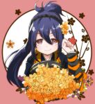  1girl armor blue_hair bouquet brown_eyes fire_emblem fire_emblem_fates flower hair_flower hair_ornament hairband holding holding_bouquet japanese_armor japanese_clothes long_hair oboro_(fire_emblem) pamm solo upper_body 