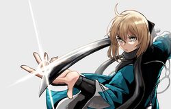  1girl absurdres ahoge arm_guards badnick69_(camchi) black_bow black_scarf blonde_hair bow colored_eyelashes fate/grand_order fate_(series) glint hair_between_eyes highres japanese_clothes katana okita_souji_(fate) okita_souji_(koha-ace) scarf shinsengumi simple_background solo sword weapon white_background yellow_eyes 