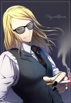  1boy alternate_costume black_nails blonde_hair cigarette fate/grand_order fate_(series) formal holding holding_cigarette honchu long_hair looking_at_viewer male_focus necktie shirt simple_background smile solo sunglasses tezcatlipoca_(fate) two-tone_necktie upper_body waistcoat white_shirt 
