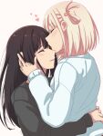  2girls artist_name black_sweater blonde_hair blue_sweater blush closed_eyes commentary couple hair_ornament hairclip hand_in_another&#039;s_hair heart highres hug inoue_takina jewelry kiss kissing_forehead kuromahikaren long_hair long_sleeves lycoris_recoil multiple_girls nishikigi_chisato one_side_up parted_lips puffy_sleeves ring short_hair sidelocks simple_background spoken_heart sweater wedding_ring white_background yuri 