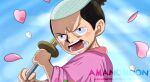  1boy amanomoon angry artist_name black_eyes black_hair blush falling_petals high_ponytail highres holding holding_weapon japanese_clothes katana momonosuke_(one_piece) one_piece open_mouth petals ponytail short_hair solo sword teeth weapon web_address 
