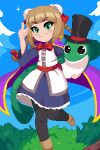  1girl blonde_hair blue_dress blush bow braid cape clouds double_bun dress eel grass green_eyes hair_bow hair_bun hair_ornament hat holding looking_at_viewer minimilieu original outdoors pixel_art pointing pointing_up purple_cape smile solo standing standing_on_one_leg thigh-highs top_hat twin_braids 