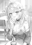  absurdres ahoge alisa_mikhailovna_kujou bare_shoulders breasts chair coffee_cup covered_navel cup disposable_cup fake_elf_ears flower greyscale hair_flower hair_ornament hand_up highres indoors jewelry long_hair looking_at_viewer momoko_(momopoco) monochrome novel_illustration official_art open_mouth smirk table tokidoki_bosotto_roshia-go_de_dereru_tonari_no_arya-san 