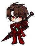  1boy armband brown_hair chibi closed_mouth collared_shirt commentary_request e.g.o_(project_moon) employee_(lobotomy_corporation) frown gloves hand_on_own_hip jacket lobotomy_corporation long_sleeves male_focus no_nose pants project_moon red_eyes red_gloves red_jacket red_pants shirt short_hair shot_(urem) simple_background solo sword sword_behind_back weapon white_background white_shirt 