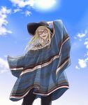  1boy blonde_hair clouds cloudy_sky cosmology_(mgncosmo) cowboy_hat cowboy_shot fate/grand_order fate_(series) hat highres long_hair looking_at_viewer male_focus official_alternate_costume orange-tinted_eyewear outdoors poncho sky smile solo sunglasses tezcatlipoca_(fate) tinted_eyewear 