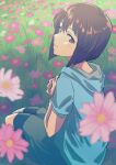  1girl blue_shirt blurry blurry_foreground blush bob_cut breasts brown_eyes brown_hair closed_mouth cosmos_(flower) field flower flower_field from_side green_shorts hagiwara_yukiho hands_up highres idolmaster idolmaster_(classic) idolmaster_million_live! idolmaster_million_live!_theater_days looking_at_viewer medium_breasts own_hands_together shirt short_hair short_sleeves shorts sitting smile solo wanoji 