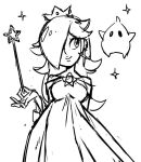  1girl brooch crown dress earrings facing_viewer hair_over_one_eye holding holding_wand jewelry kinuko_(kinucakes) long_hair looking_to_the_side luma_(mario) monochrome rosalina sketch smile star_(symbol) star_earrings super_mario_bros. super_mario_galaxy wand white_background 