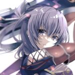  1girl ao_no_kiseki arm_guards blurry blurry_background eiyuu_densetsu hair_between_eyes half_updo holding holding_sword holding_weapon huge_weapon looking_at_viewer natsusechoco portrait purple_hair rixia_mao simple_background solo sword violet_eyes weapon white_background zero_no_kiseki 
