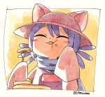  1other androgynous animal_ears animal_hat blue_hair blue_scarf blush brown_headwear brown_tunic cat_ears cat_hat closed_eyes eating food fork hat holding holding_fork niko_(oneshot) oneshot_(game) pancake panzuban scarf whiskers 