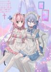  2girls :d animal_ears apron blue_choker blue_dress blue_eyes blue_hair blush breasts cat_ears cat_girl cat_tail chihuri choker closed_mouth collarbone commentary_request couch crescent dress ende_(chihuri) english_commentary feet_out_of_frame frilled_apron frills garter_straps gloves hair_between_eyes hair_intakes highres kemonomimi_mode long_hair maid_apron maid_headdress medium_breasts multiple_girls nea_(chihuri) on_couch original pink_dress pink_hair puffy_short_sleeves puffy_sleeves short_sleeves sitting smile tail thigh-highs very_long_hair violet_eyes white_apron white_gloves white_thighhighs 