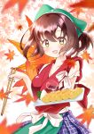  1girl :d apron autumn_leaves blurry blurry_foreground blush breasts brown_hair chopsticks chotto_ippai! collarbone commentary_request falling_leaves food green_apron green_headwear happy holding holding_chopsticks leaf looking_at_viewer miyahara_momiji open_mouth pleated_skirt red_shirt rice shirt skirt smile solo steam waist_apron yellow_eyes yu-ka0919 