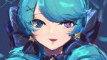  1girl black_bow blue_eyes bow drill_hair green_eyes green_hair gwen_(league_of_legends) hair_bow hair_ornament highres league_of_legends looking_at_viewer monakan_japan portrait red_lips smile solo twin_drills twintails unfinished x_hair_ornament 