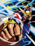  1boy all_might antenna_hair blonde_hair blue_bodysuit bodysuit boku_no_hero_academia clenched_hands foreshortening glaucosilvaart grin highres male_focus mature_male mixed-language_commentary motion_lines muscular muscular_male punching short_hair smile superhero thick_eyebrows 
