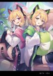  2girls absurdres animal_ears back-to-back black_skirt blonde_hair blue_archive blue_bow blush bow cat_ears cat_tail coat commentary_request finger_to_cheek frilled_skirt frills from_side green_eyes hair_bow hair_over_one_eye halo hand_on_own_face hand_up highres hooded_coat indoors kurobi_(netisz) long_hair looking_at_viewer looking_back midori_(blue_archive) miniskirt momoi_(blue_archive) multiple_girls open_clothes open_coat open_mouth pink_eyes pleated_skirt red_bow siblings sisters sitting skirt surprised tail thigh-highs twins wide_sleeves 