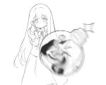  1girl absurdres aged_down blanche_neige_(svet_yomi) blank_eyes bottle eminem_throwing_a_fat_rat_(meme) eyebrows_hidden_by_hair female_child hair_between_eyes highres holy_water long_hair long_sleeves looking_at_viewer meme monochrome nun original sidelocks solo svet_yomi water_bottle white_hair 