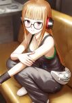  1girl ahoge bare_arms behind-the-head_headphones black_tank_top blunt_bangs blurry blurry_background breasts closed_mouth collarbone couch fagi_(kakikaki) fanny_pack grey_pants headphones highres indoors long_hair no_shoes on_couch orange_hair pants persona persona_5 sakura_futaba small_breasts smile socks solo squatting tank_top violet_eyes white_socks wristband 