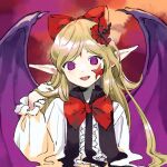  1girl bat_wings black_vest blonde_hair bow center_frills elis_(touhou) facial_mark fangs frilled_sleeves frills hair_bow kaigen_1025 long_hair long_sleeves open_mouth pointy_ears purple_wings red_bow shirt smile solo star_(symbol) touhou touhou_(pc-98) upper_body vest violet_eyes white_shirt wings 