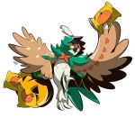  colored_sclera decidueye full_body glasses glaucosilvaart no_humans pokemon pokemon_(creature) pumpkin red_eyes simple_background standing standing_on_one_leg white_background yellow_sclera 