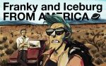  2boys black_pants blue_hair car character_name closed_mouth crossed_arms english_text facial_hair franky_(one_piece) iceburg male_focus motch225 motor_vehicle mountain multiple_boys one_piece outdoors pants shirt short_hair sideburns spiky_hair sunglasses teeth united_states white_shirt 