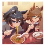  2girls ahoge animal_ears artist_name black_hair black_shirt blue_eyes blush brown_hair chopsticks closed_mouth collarbone curry curry_rice eating food food_on_face grey_shirt highres holding holding_chopsticks holding_spoon horse_ears horse_girl katsuragi_ace_(umamusume) long_hair looking_at_viewer medium_hair mr._c.b._(umamusume) mukakin multicolored_hair multiple_girls noodles ramen rice shirt signature spoon streaked_hair umamusume very_long_hair watch watch white_hair 