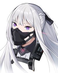  1girl ak-12_(girls&#039;_frontline) black_mask black_ribbon blue_eyes blunt_bangs braid citrus7763 commentary cropped_shoulders french_braid girls_frontline glowing glowing_eyes hair_ribbon highres long_hair looking_at_viewer ponytail ribbon ringed_eyes sidelocks simple_background solo white_background white_hair 