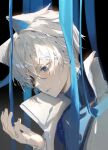  1boy animal_ears blue_eyes coat commentary_request glasses hand_up highres looking_at_hand male_focus mizumi_zumi original parted_lips short_hair solo upper_body wet white_coat white_hair 