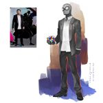  1boy black_gloves collared_shirt gloves holding marvel mask mimmolka nicolas_cage photo-referenced real_life rubik&#039;s_cube shirt shoes simple_background spider-man:_into_the_spider-verse spider-man_(series) spider-man_noir standing suit suit_jacket superhero voice_actor white_background 