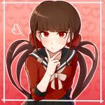  1girl black_sailor_collar black_skirt blue_nails blush bow bowtie brown_hair closed_mouth cowboy_shot danganronpa_(series) danganronpa_v3:_killing_harmony earrings gradient_background hair_ornament hair_scrunchie hand_on_own_chin harukawa_maki heart highres jewelry kirin_(suzoke_1) long_hair miniskirt mole mole_under_eye nail_polish pink_background pleated_skirt red_eyes red_scrunchie red_shirt sailor_collar scrunchie shirt skirt solo twintails v 