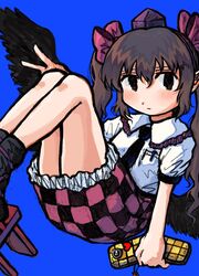  1girl black_eyes black_necktie black_skirt black_wings blue_background brown_hair cellphone checkered_clothes checkered_skirt closed_mouth collared_shirt dade_ne frilled_shirt_collar frills hat highres himekaidou_hatate holding holding_phone looking_at_viewer necktie phone purple_skirt shirt short_sleeves sidelocks simple_background skirt solo tokin_hat touhou twintails v white_shirt wings 