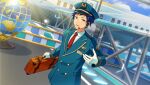  1boy aircraft airplane blue_hair buttons collared_shirt dark_blue_hair dream_travel_(ensemble_stars!) ensemble_stars! fushimi_yuzuru globe gloves happy_elements hat headset holding holding_suitcase lapels looking_at_viewer male_focus military_hat mole mole_under_eye necktie notched_lapels official_art open_mouth red_necktie shirt short_bangs short_hair solo suitcase third-party_source tie_clip upper_body violet_eyes white_gloves 