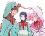  1boy 2girls :&lt; afro_puffs arm_sling asticassia_school_uniform blue_eyes blue_hair blue_jacket blunt_bangs blush brown_hair chuatury_panlunch closed_eyes closed_mouth colored_inner_hair commentary dark_blue_hair gundam gundam_suisei_no_majo heart_arms_duo highres hood hoodie jacket long_sleeves martin_upmont multicolored_hair multiple_girls nika_nanaura open_mouth pink_hair pink_hoodie puffy_long_sleeves puffy_sleeves school_uniform short_hair simple_background smile suiseikaro swept_bangs symbol-only_commentary two-tone_hair upper_body wide_sleeves 
