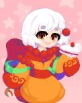  1girl bead_necklace beads blush bow braid cake cake_slice dithered_background food geta hair_ornament japanese_clothes jewelry kimono looking_at_viewer minimilieu necklace open_mouth orange_eyes orange_kimono original pink_background pixel_art seiza short_hair sitting smile solo sparkle star_(symbol) thick_eyebrows white_hair 