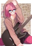  1girl absurdres arm_support bespectacled black_skirt blue_eyes blush bocchi_the_rock! border brown_cardigan cardigan collarbone commentary electric_guitar feet_out_of_frame glasses gotou_hitori guitar hair_between_eyes highres hood hood_up instrument long_hair long_sleeves looking_at_viewer one_side_up open_cardigan open_clothes open_mouth pantyhose pink_hair pink_pantyhose pleated_skirt puffy_sleeves shadow shirt sitting skirt solo tamago_sando wariza white_border yellow_shirt 