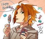  1boy brown_hoodie candy cigarette_pack commentary_request dated drawstring food green_eyes hagiwara_daisuke happy_birthday holding holding_candy holding_food holding_lollipop hood hood_down hoodie hori-san_to_miyamura-kun lollipop long_sleeves looking_at_viewer lowres orange_hair shindou_kouichi sideways_glance solo upper_body 