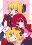  3girls :3 absurdres arima_kana ascot black_bow black_bowtie black_gloves black_ribbon black_skirt blonde_hair blue_eyes blunt_bangs bob_cut bow bowtie capelet chromatic_aberration clenched_teeth closed_mouth collared_shirt confetti demon_horns fake_horns frilled_capelet frilled_gloves frilled_skirt frilled_sleeves frills gloves hair_between_eyes hair_bow hand_on_own_hip hat head_tilt highres horns hoshino_ruby idol idol_clothes inverted_bob light_particles long_hair looking_at_viewer medium_hair memcho mini_hat motion_blur multiple_girls neck_ribbon no_pupils one_eye_closed one_side_up oshi_no_ko pink_eyes pink_gloves pleated_skirt puffy_short_sleeves puffy_sleeves red_capelet red_eyes red_shirt redhead ribbon shirt short_hair short_sleeves sidelocks skirt smile sparkle star-shaped_pupils star_(symbol) symbol-shaped_pupils teeth upper_body v v_over_mouth white_ascot xiang_yu_pai 