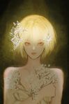  1other androgynous bare_shoulders blonde_hair flower hair_flower hair_ornament highres hunter_x_hunter kurapika looking_at_viewer red_eyes regene_ta short_hair solo straight-on upper_body white_flower 