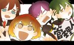  2boys 2girls :d black_jacket black_sweater blonde_hair blue_eyes blush brown_eyes brown_hair collared_shirt commentary_request drooling eyebrow_cut gradient_hair green_hair hair_ornament hairclip highres hod_(project_moon) jacket lobotomy_corporation long_hair long_sleeves malkuth_(project_moon) mouth_drool multicolored_hair multiple_boys multiple_girls nakame77 necktie netzach_(project_moon) open_mouth pale_skin project_moon purple_hair red_necktie ribbed_sweater shirt short_hair shouting smile sweater teardrop translated turtleneck turtleneck_sweater v-shaped_eyebrows white_shirt yesod_(project_moon) 