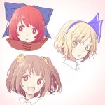  3girls alice_margatroid alice_margatroid_(pc-98) bell blonde_hair blue_bow blue_hairband blush bow brown_hair cape hair_bell hair_bow hair_ornament hairband jingle_bell midorino_eni motoori_kosuzu multiple_girls open_mouth portrait red_cape red_eyes redhead sekibanki short_hair smile touhou touhou_(pc-98) two_side_up yellow_eyes 