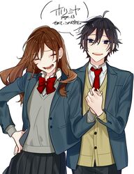  1boy 1girl ahoge black_hair black_skirt blazer blue_eyes bow bowtie brown_hair buttons cardigan closed_eyes collared_shirt commentary_request cowboy_shot facing_viewer grey_sweater hagiwara_daisuke hair_between_eyes hand_on_own_hip holding_hands hori-san_to_miyamura-kun hori_kyouko jacket katagiri_senior_high_school_uniform lapels long_hair long_sleeves looking_at_viewer miyamura_izumi necktie notched_lapels open_collar open_mouth pleated_skirt red_bow red_bowtie red_necktie school_uniform shirt short_hair skirt sweater teeth upper_teeth_only white_background 