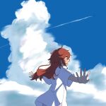  1girl blue_sky closed_eyes clouds cloudy_sky commentary_request day from_behind gundam gundam_suisei_no_majo hair_between_eyes highres lemoontya long_hair open_mouth outdoors outstretched_arms redhead shirt short_sleeves sky smile solo standing suletta_mercury white_shirt 