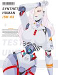 1girl arm_up barcode black_sclera breasts colored_eyelashes colored_sclera english_commentary english_text highres joints koyorin long_hair looking_at_viewer medium_breasts original parted_lips pink_hair red_eyes robot_girl robot_joints solo white_background 